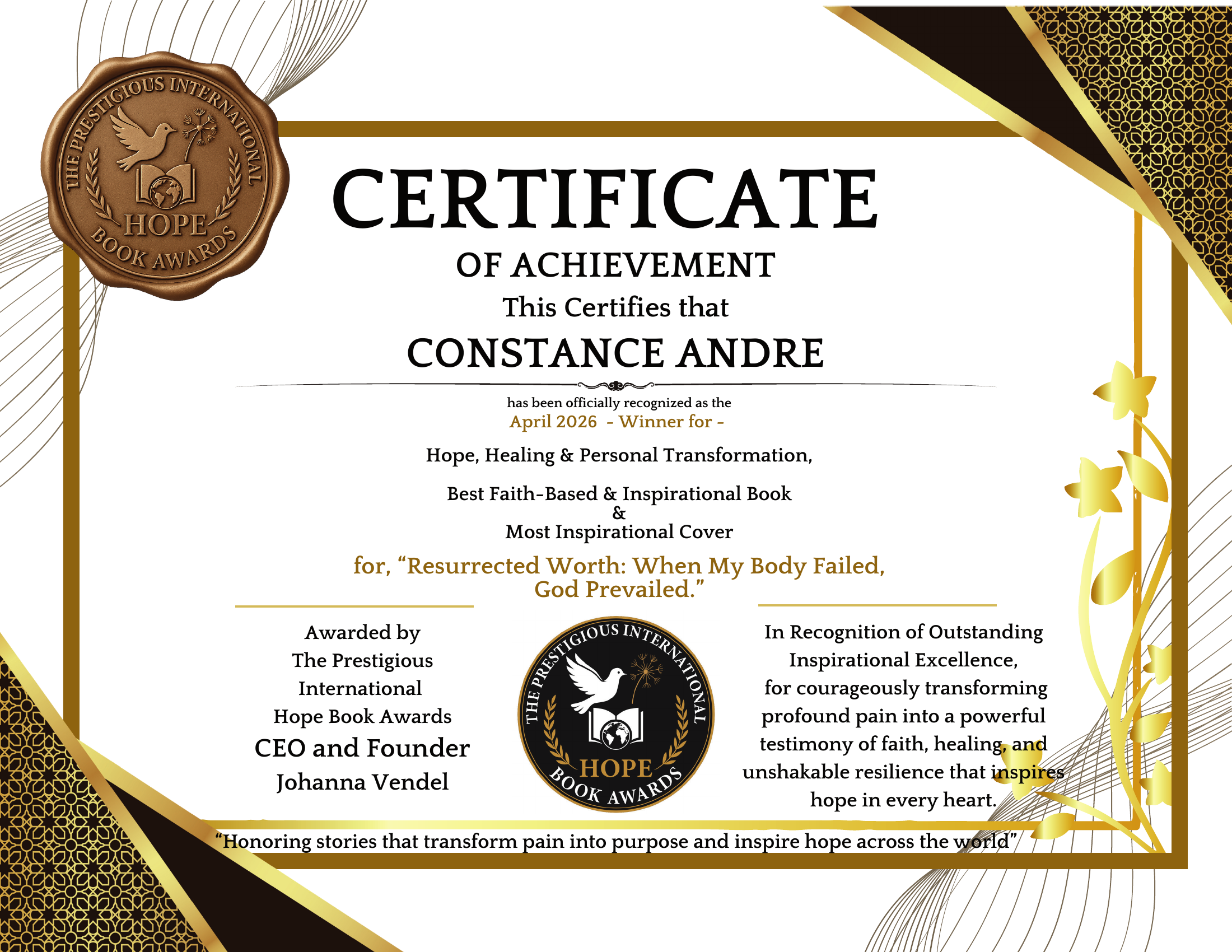 Certificate of Achievement — Constance André, April 2026 Winner, awarded by PIHBA